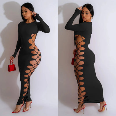Sexy Round Neck Rope Tied Long Dress