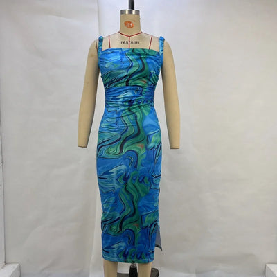 Fashion Print Backless Tie Slim Slip Dress