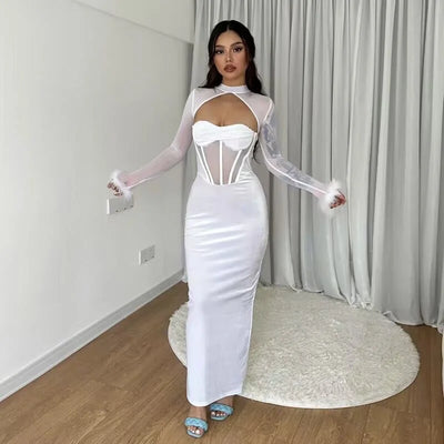 New Plush Mesh Patchwork Nightclub Style Cut Out Maxi Dress Slim Fit