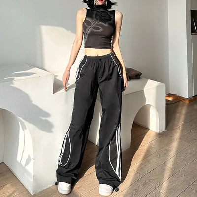 Solid Color Loose Street Fashion High Waisted Straight Drawstring Slacks