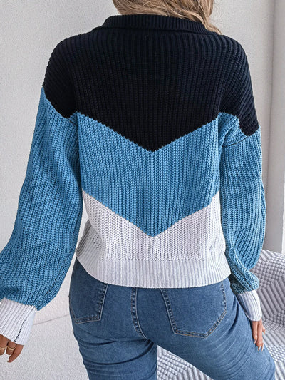 Casual Lapel Contrast Long Sleeved Knitted Pullover Sweater