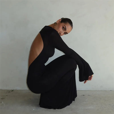 Women’s Fashion Round Neck Long Sleeve Sexy Backless Slim Hip Dress