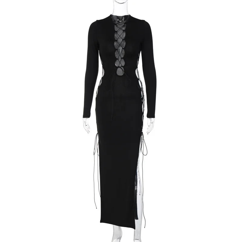 Sexy Cut Out Tie Slim Slit Long Sleeved Dress
