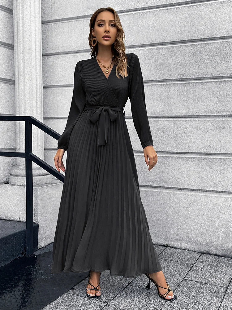 V Neck Long Sleeve Pleated Mid Length Dress