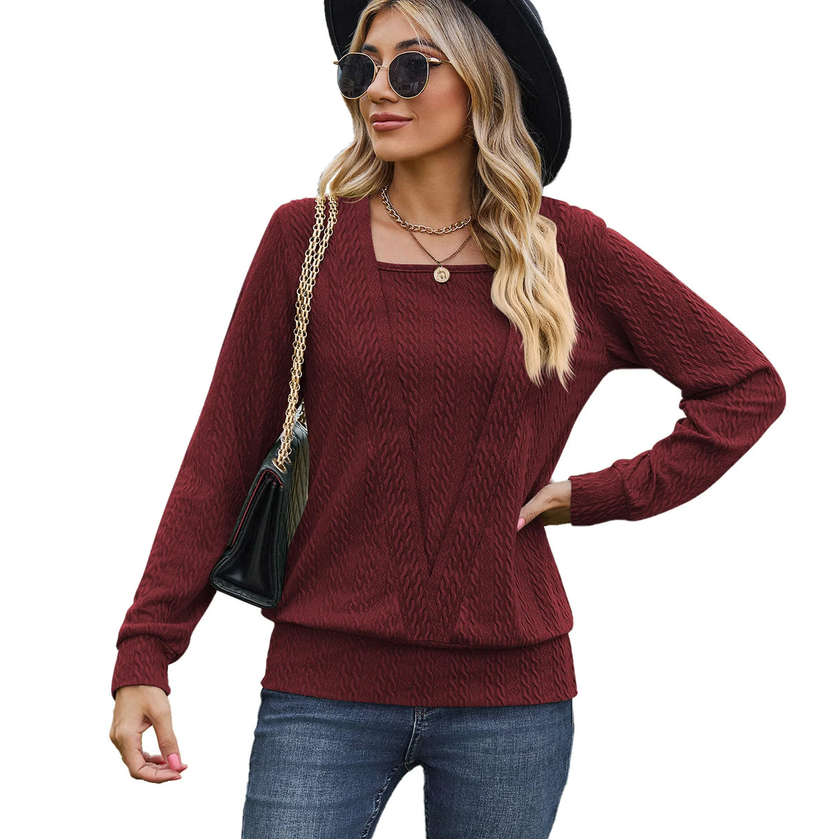 Solid Color Square Collar Cross Loose Long Sleeved Sweater Woman