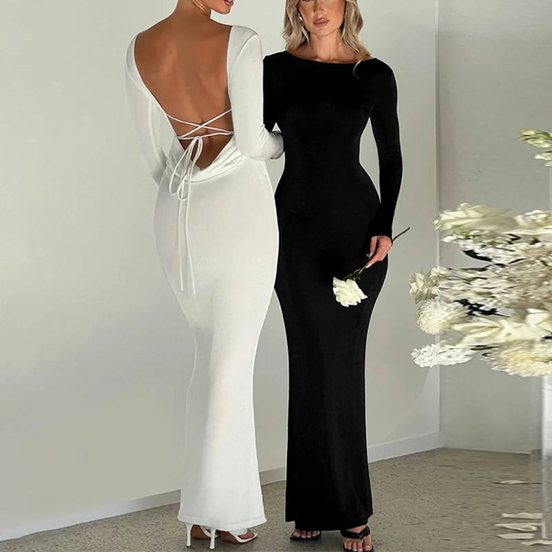 Black And White Tight Backless Long Skirt Dress