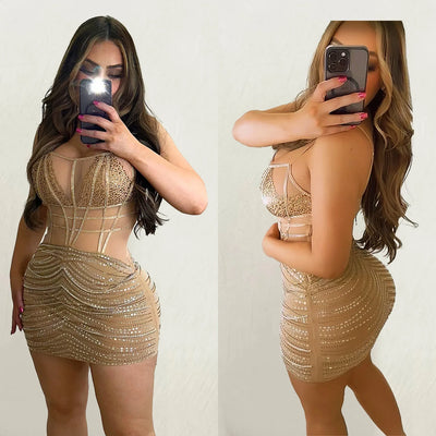 Sleeveless Mesh Hot Diamond Short Dress