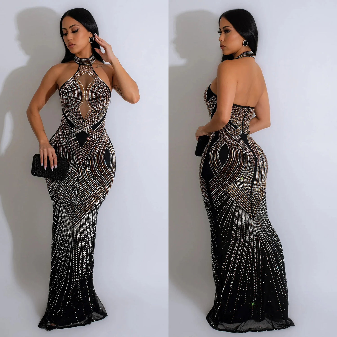 Mesh Hot Diamond Hanging Neck Long Dress