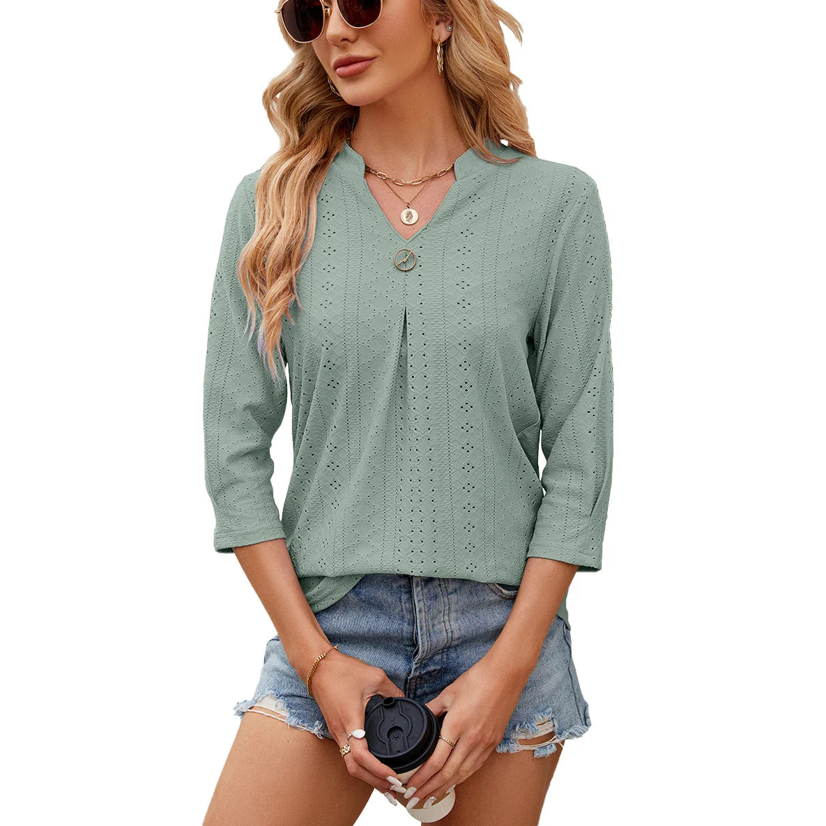 New Solid Color Seven Quarter Sleeve Casual Blouse Woman