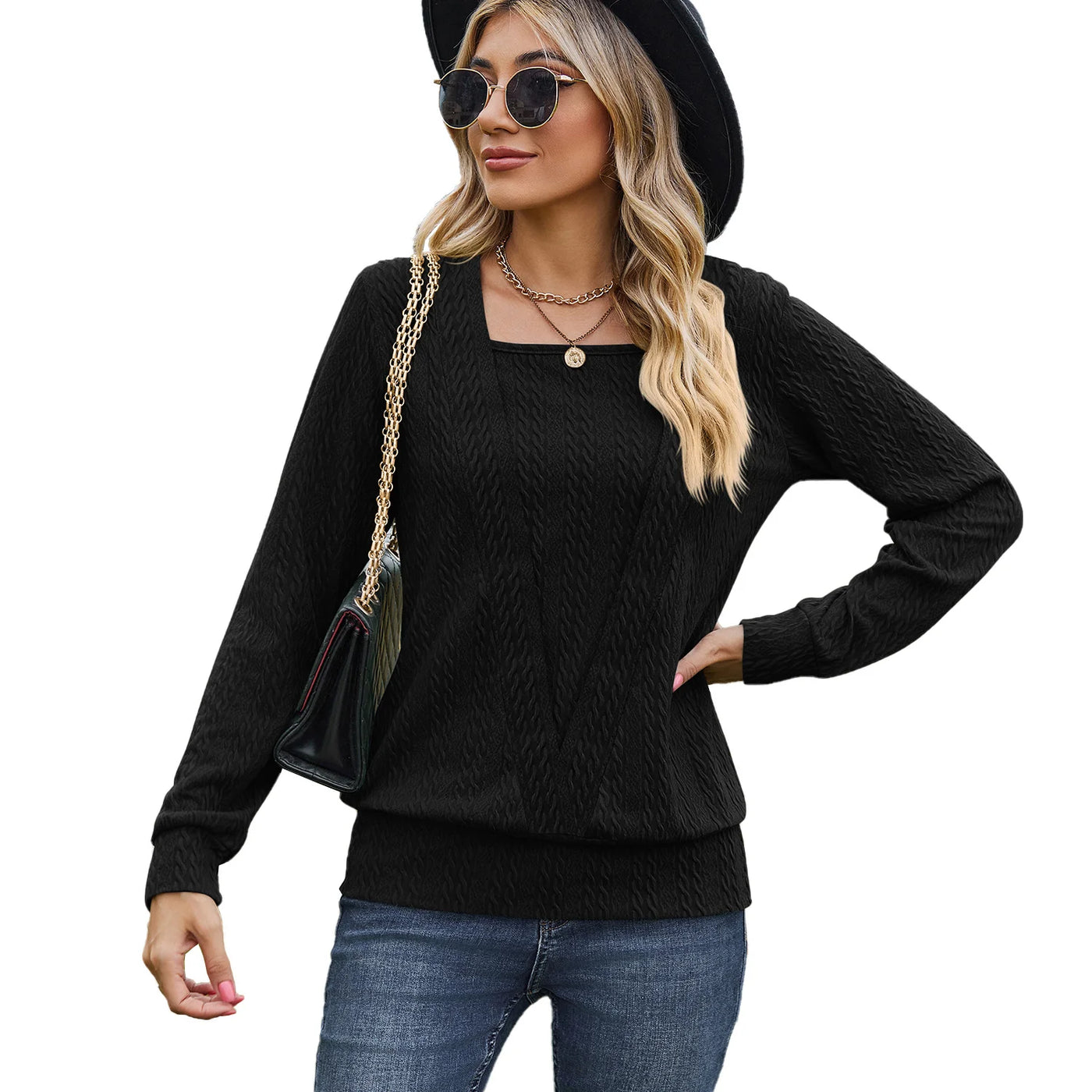 Solid Color Square Collar Cross Loose Long Sleeved Sweater Woman