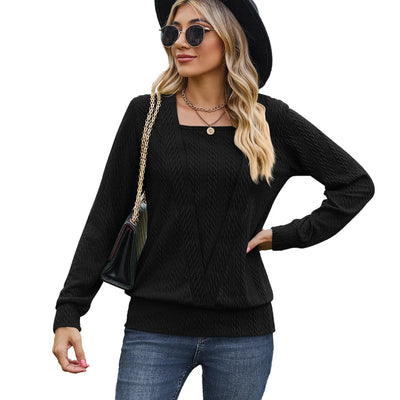 Solid Color Square Collar Cross Loose Long Sleeved Sweater Woman
