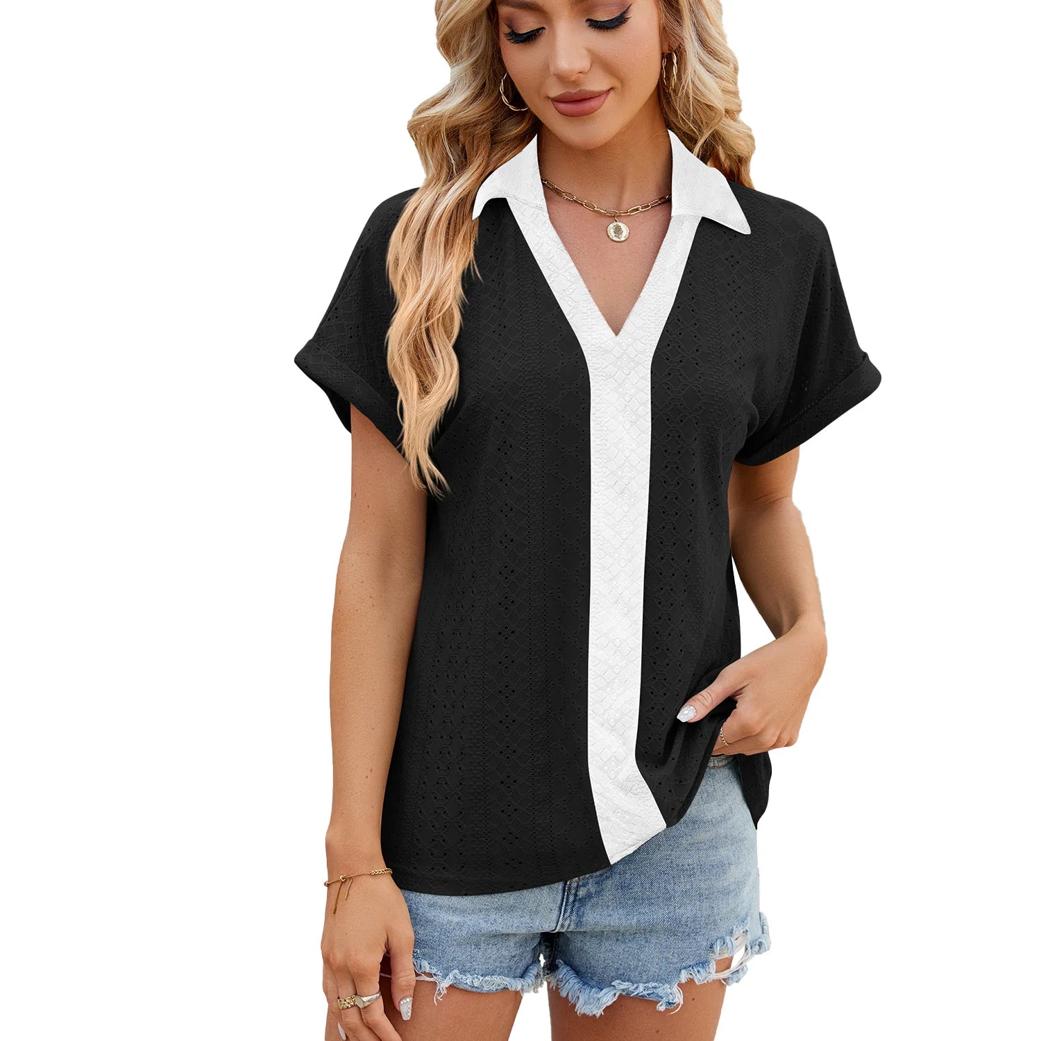 New V Neck Color Colliding Short Sleeved Loose T-Shirt Blouse