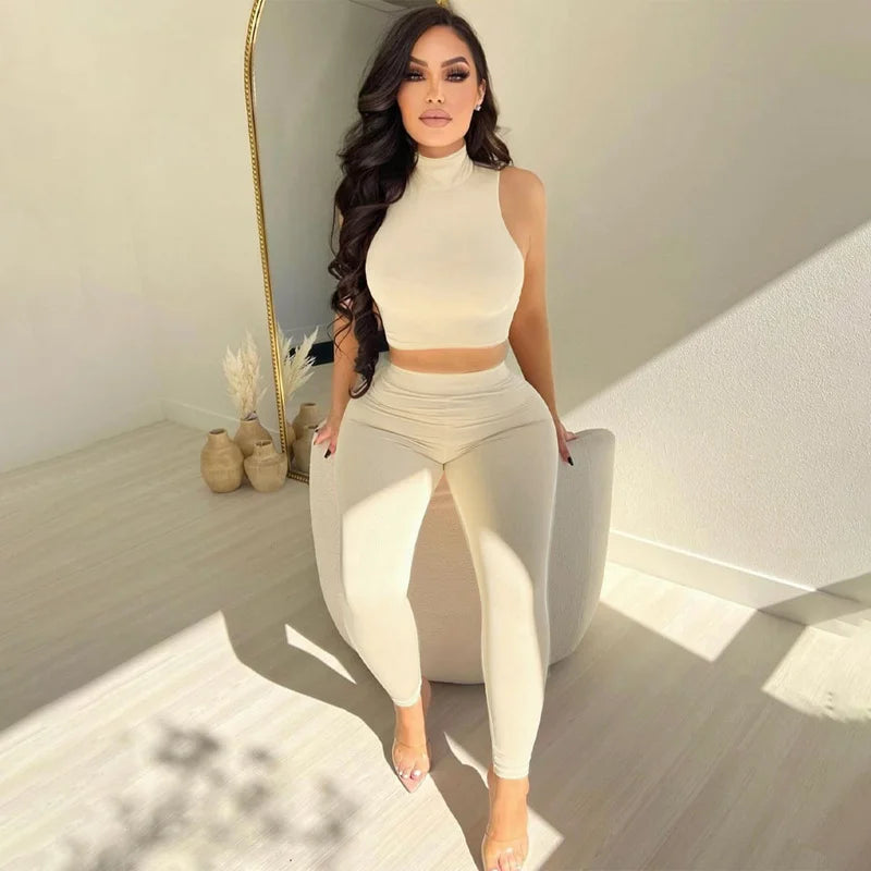 Sleeveless Turtleneck Top And Leggings Set