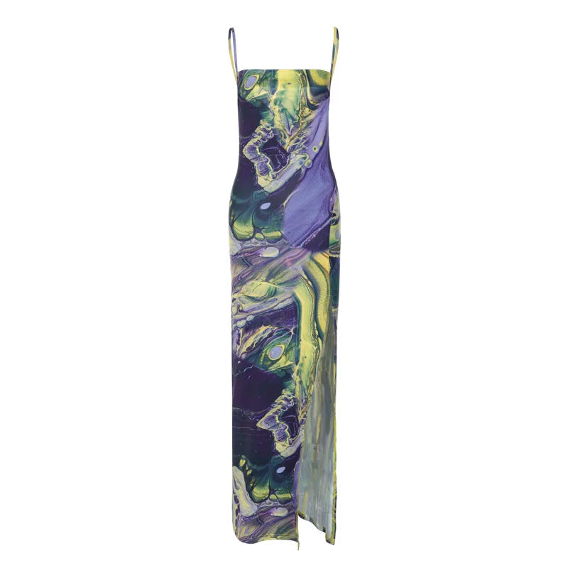 Fall Print Slim Slit Open Back Bandeau Slip Dress