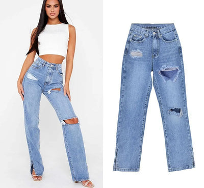 Hipster Straight Leg Jean Pants with Slit