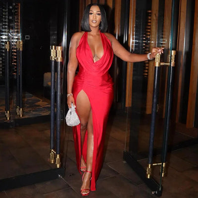 V-Neck Backless Slit Dress
