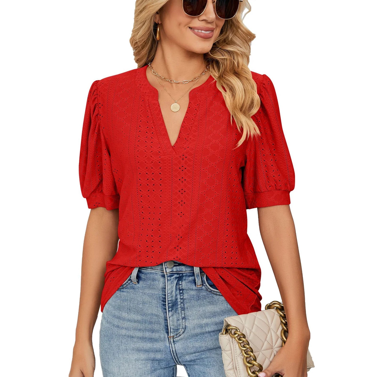 V Neck Solid Color Hollow Bubble Sleeve Loose T-Shirt Blouse