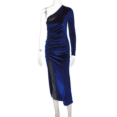 Fashion Slanted Shoulder Long Sleeve Slim Crepe Slit Dress