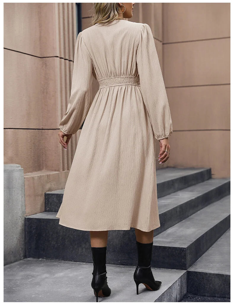 Solid Color Long Sleeve Slit Dress Spring Dress