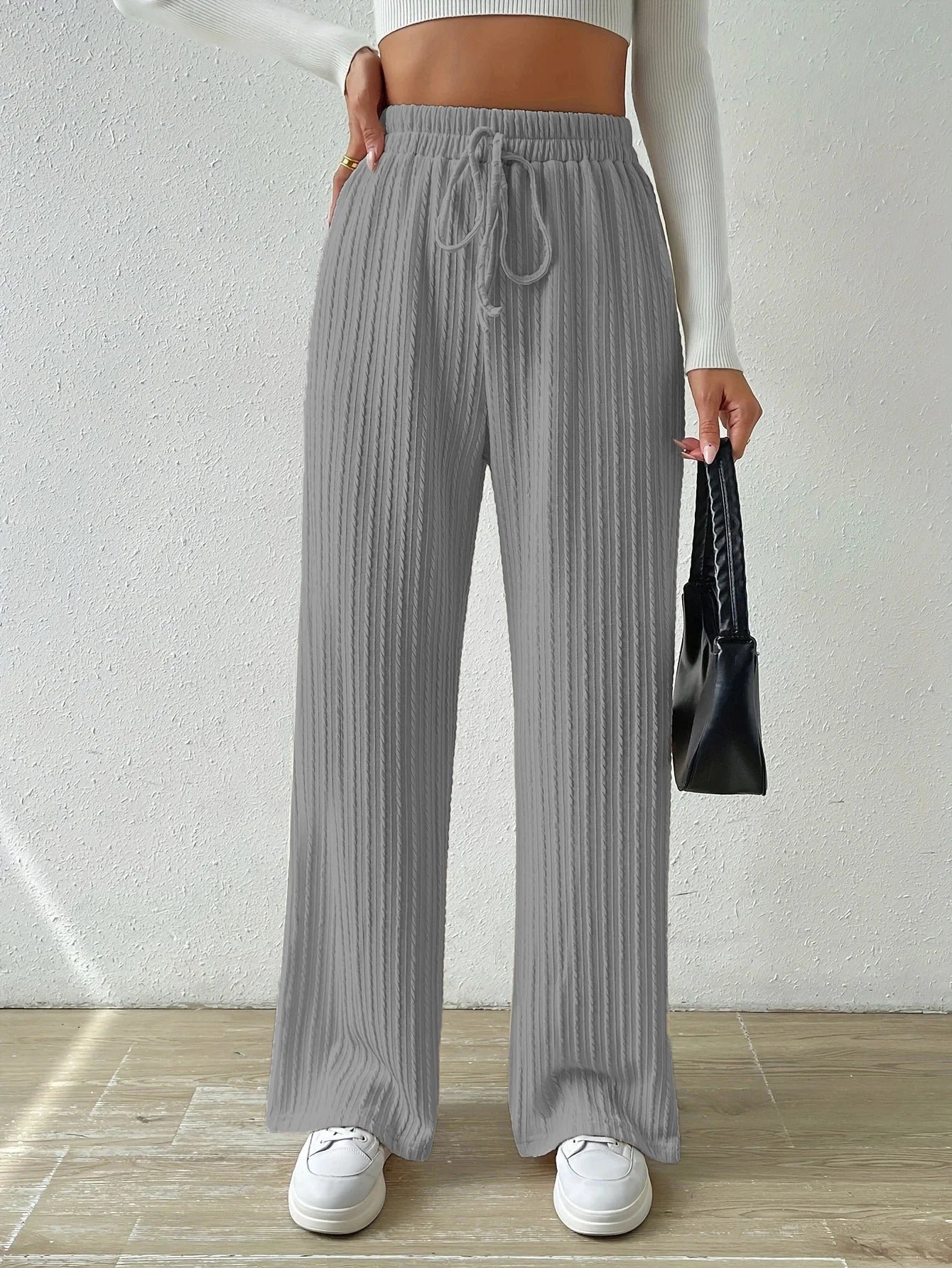 Knotted Waist Texture Knitted Wide Leg Trousers