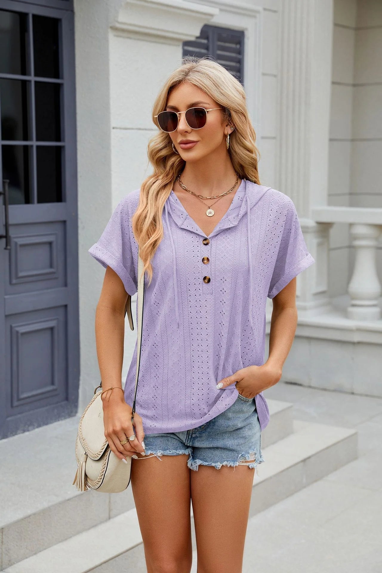 Loose Short Sleeve Button Down Blouse