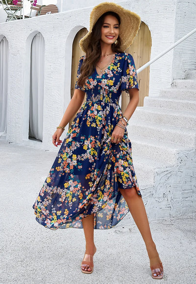Print Cinched Waist Short Sleeved Dress