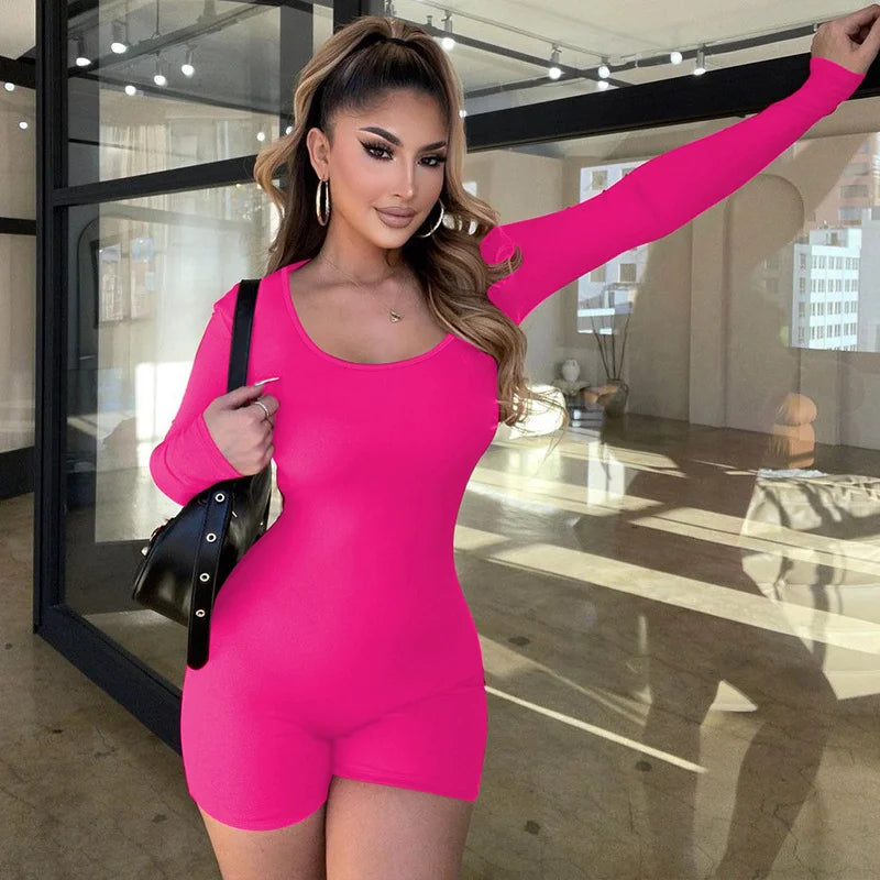 Fashion Solid Color Slim Fit Sports Long Sleeve Jumpsuit