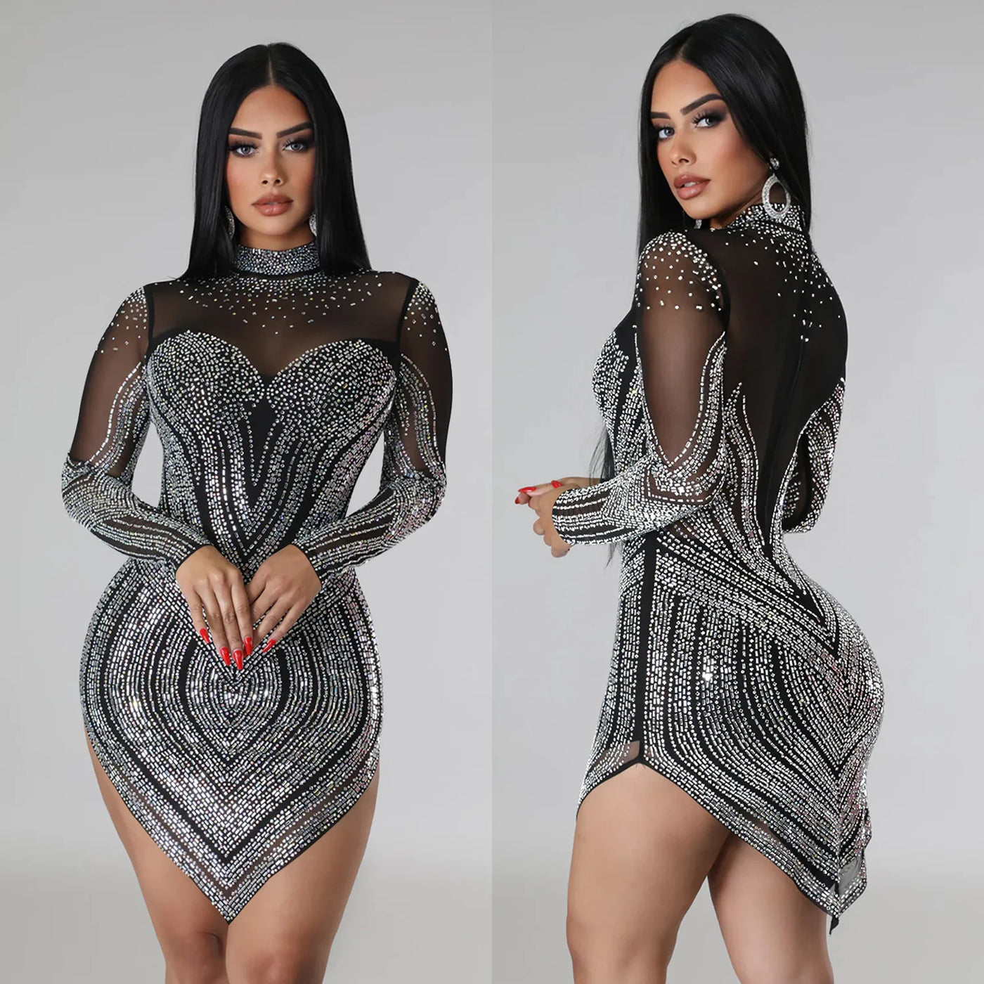 Mesh Hot Diamond Long Sleeved Short Dress