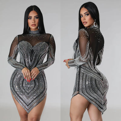 Mesh Hot Diamond Long Sleeved Short Dress