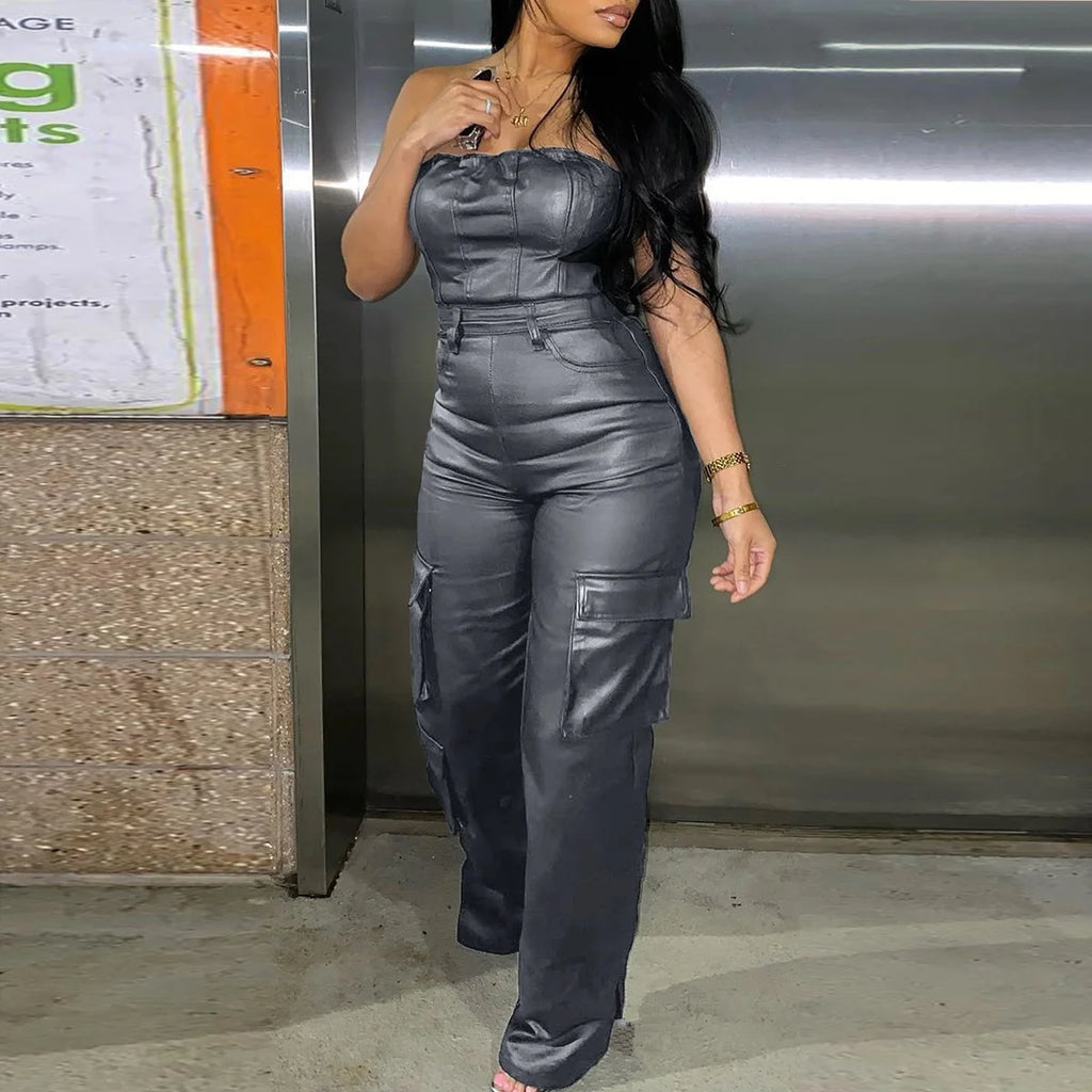 Sexy Off The Shoulder Bandeau Skinny Waist PU Leather Jumpsuit