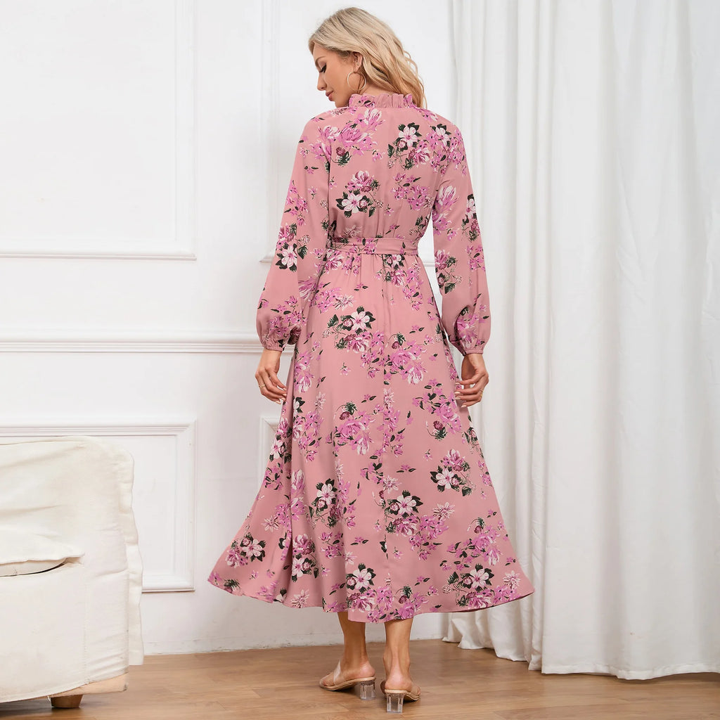 Sleeve Stand Collar Lace Floral Dress