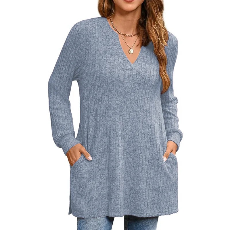 Long Knit Sleeve Solid Side Slit Loose Top With Pockets