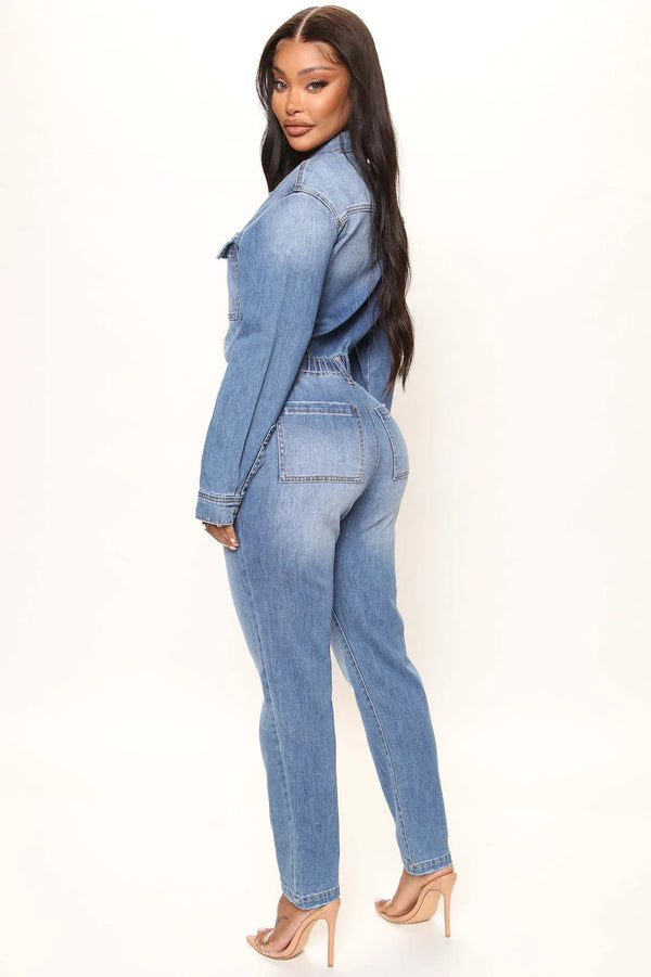 Slim Fit Stretch Small Foot Mouth Wash Denim Jumpsuit