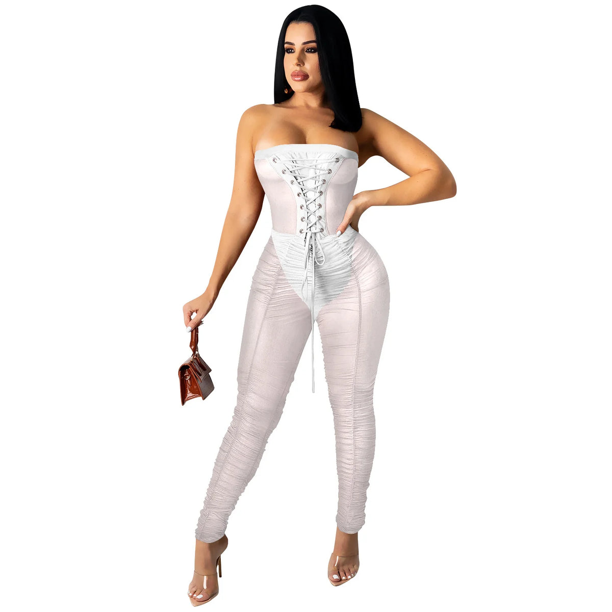 Jumpsuit With Sexy Perspective Wrapped With Long Pants