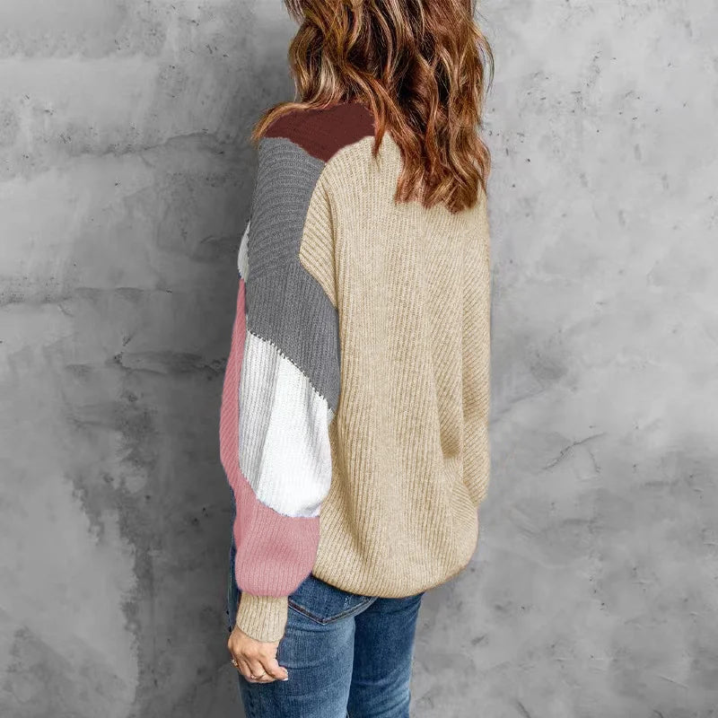 Button Blocking Color Cardigan Sweater Jacket