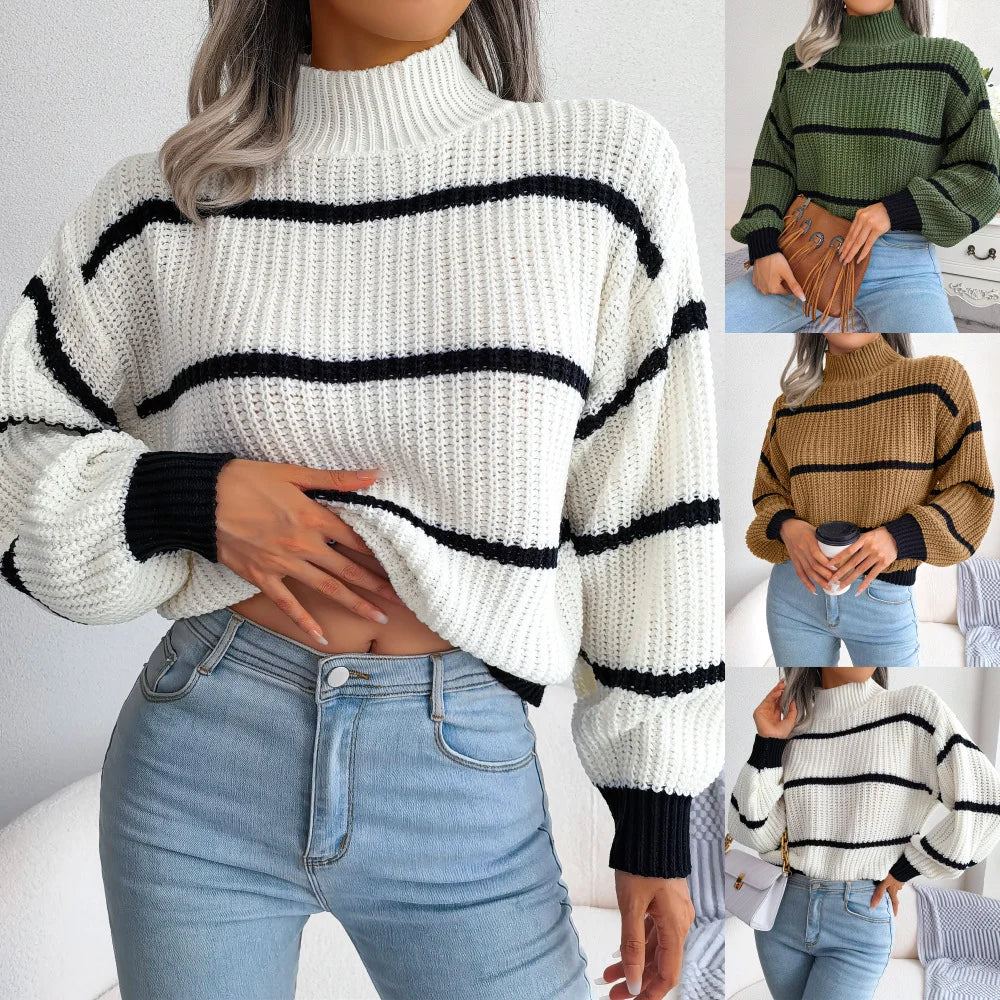 Striped Balloon Sleeve Semi Turtleneck Knitted Sweater