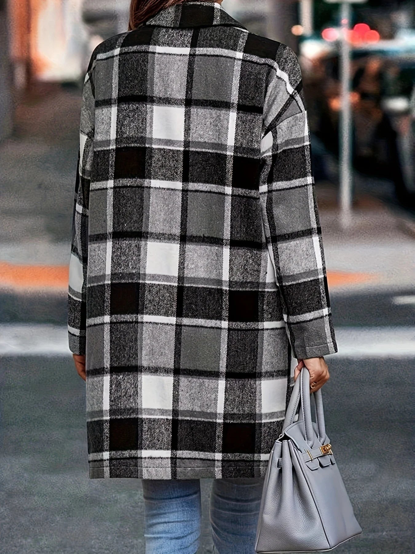 Suede Coat Sanded Plaid Mid Length Coat With Pocket