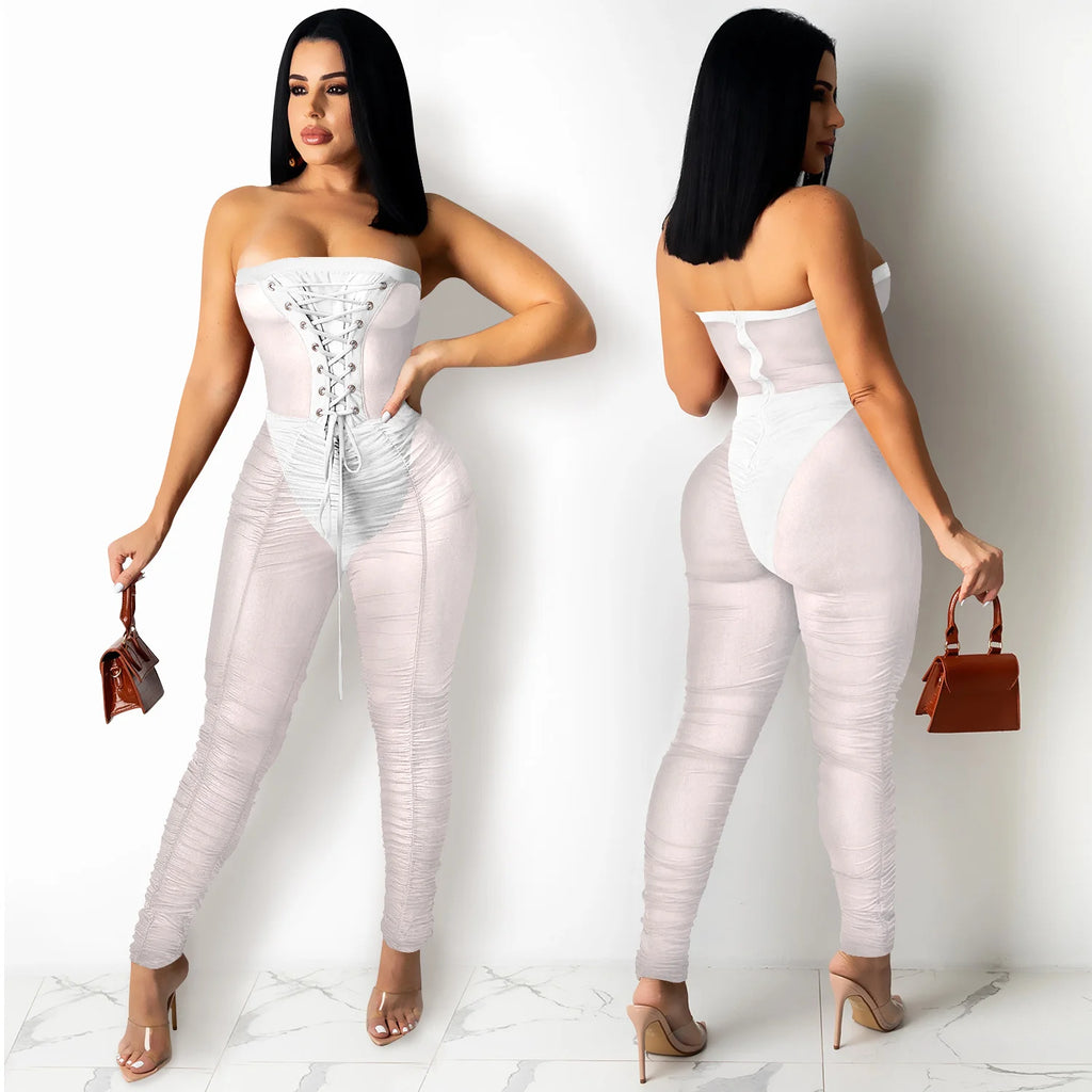 Jumpsuit With Sexy Perspective Wrapped With Long Pants