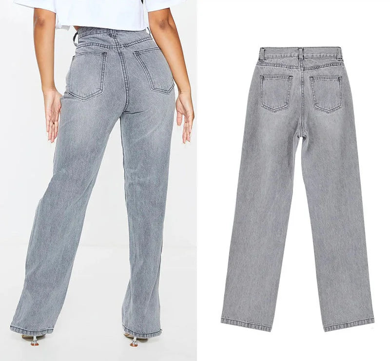 Hipster Straight Leg Jean Pants with Slit