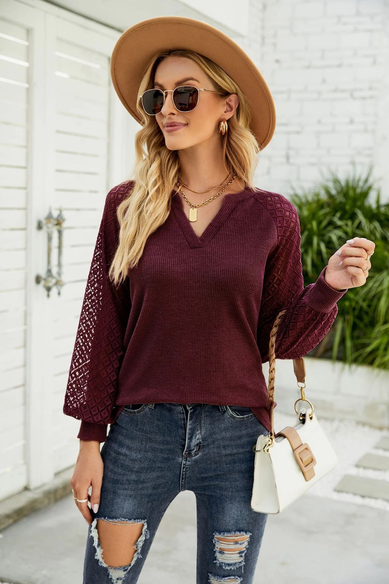 Waffle Grace Patchwork Long Sleeve V Neck T-Shirt Blouse