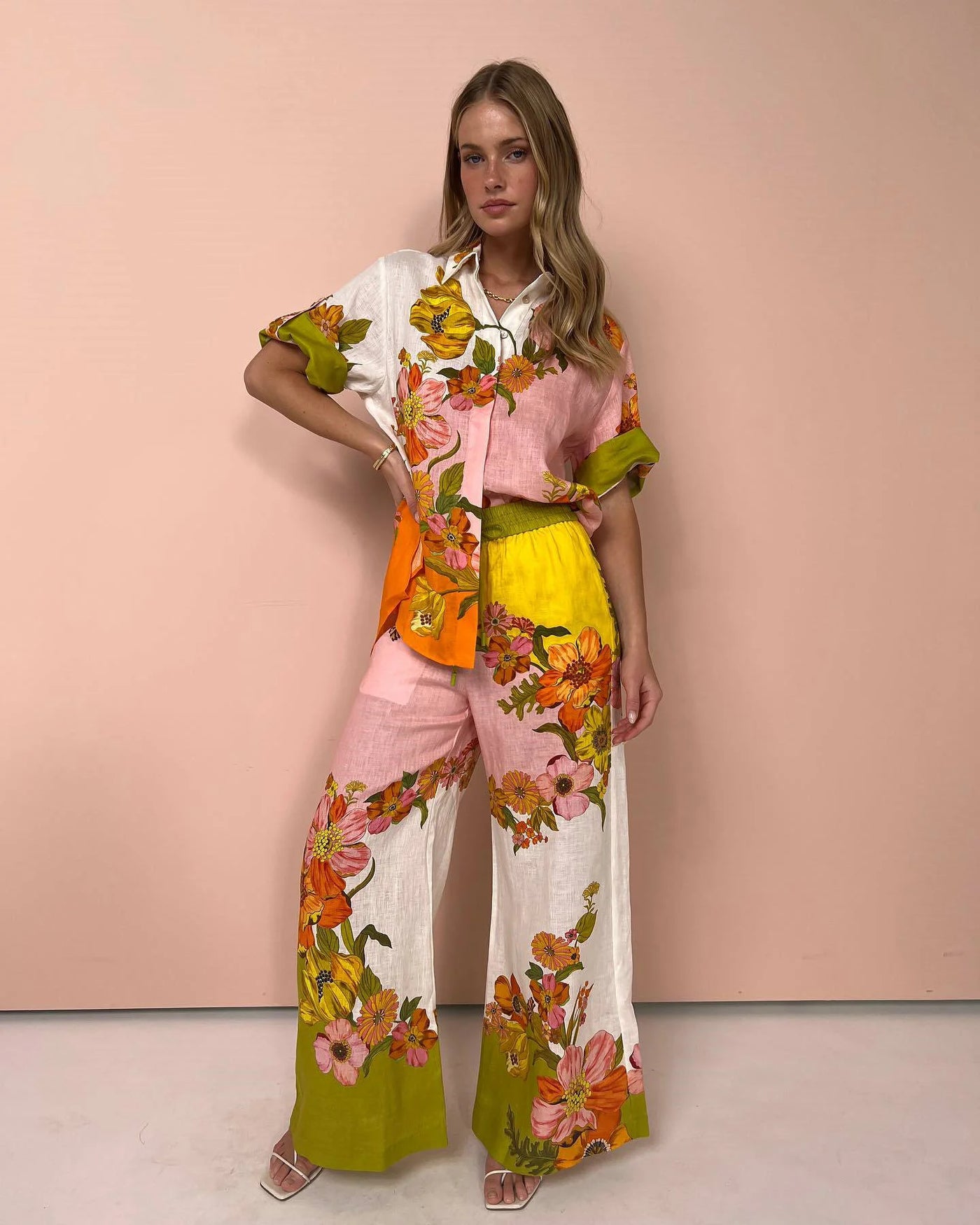 Loose Printed Cotton and Linen Two-Piece Jacket Pants