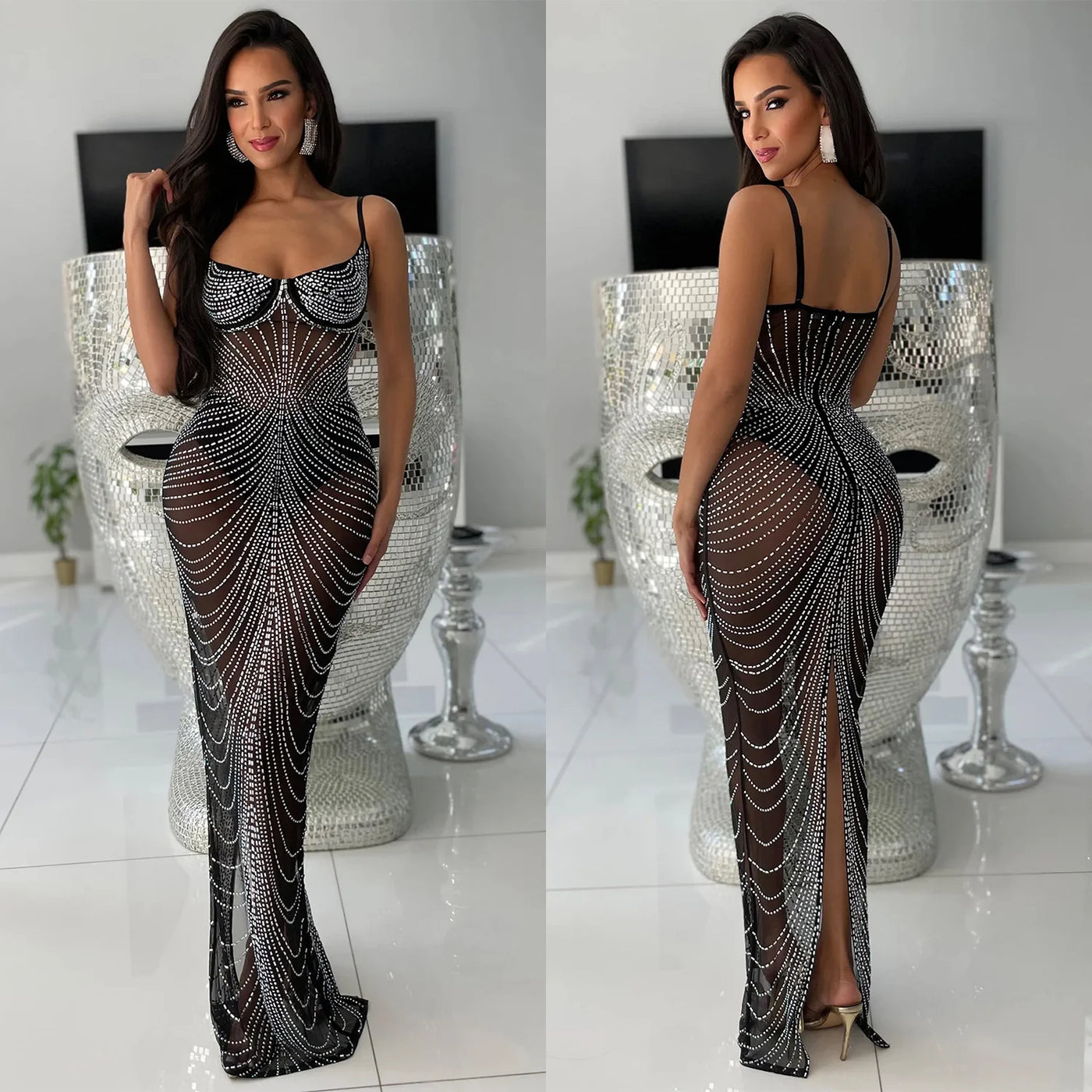 Mesh Hot Diamond Suspender Long Dress