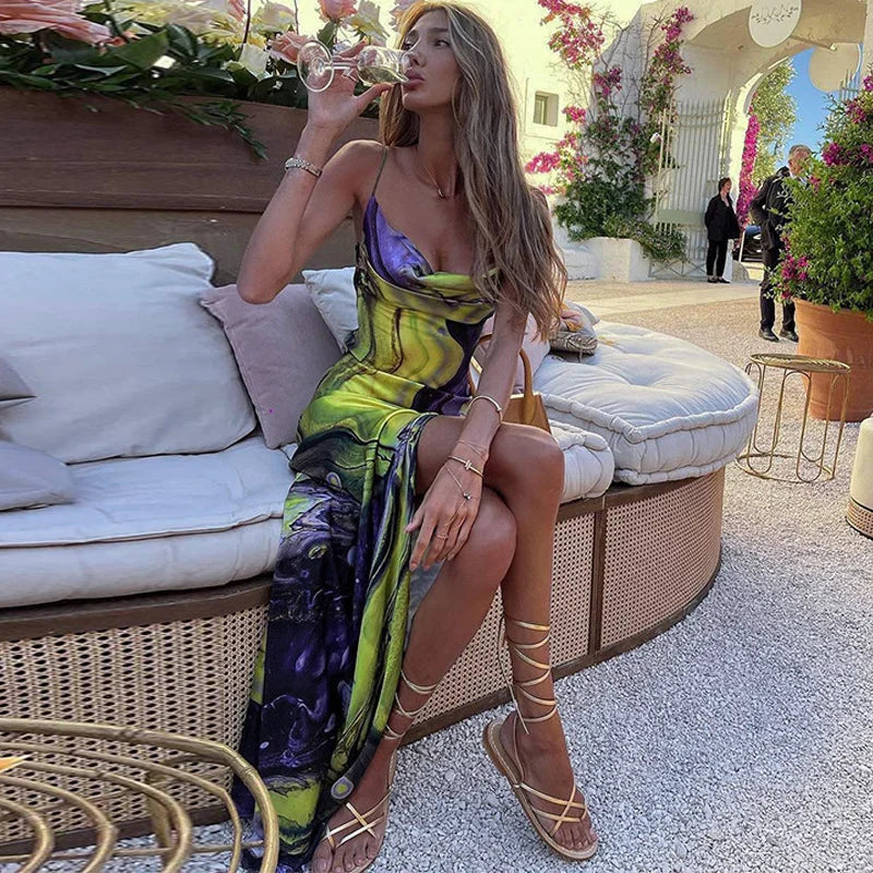 Fall Print Slim Slit Open Back Bandeau Slip Dress