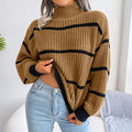 Striped Balloon Sleeve Semi Turtleneck Knitted Sweater