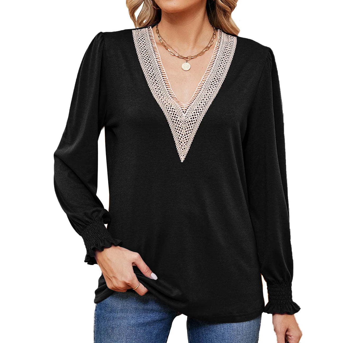 Lace Stitching Long Sleeve Loose Blouse