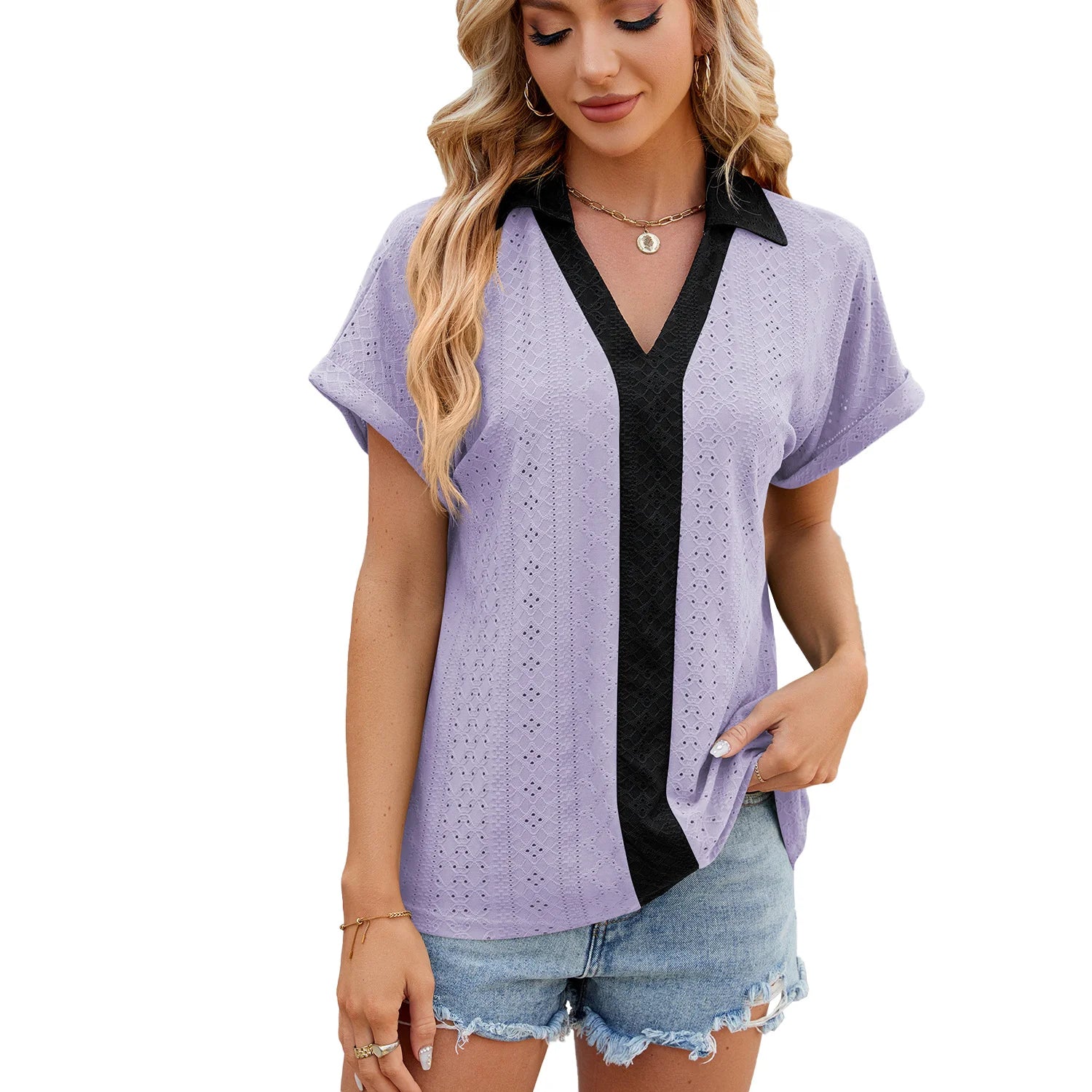 New V Neck Color Colliding Short Sleeved Loose T-Shirt Blouse