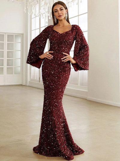 Long Evening Dress with V Neckline and Sequins on the Hip