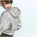Silver Metallic Ribbed Hooded Long Sleeved Drawstring Pullover Sweater