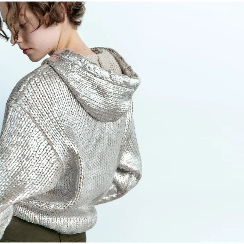 Silver Metallic Ribbed Hooded Long Sleeved Drawstring Pullover Sweater