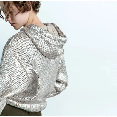 Silver Metallic Ribbed Hooded Long Sleeved Drawstring Pullover Sweater